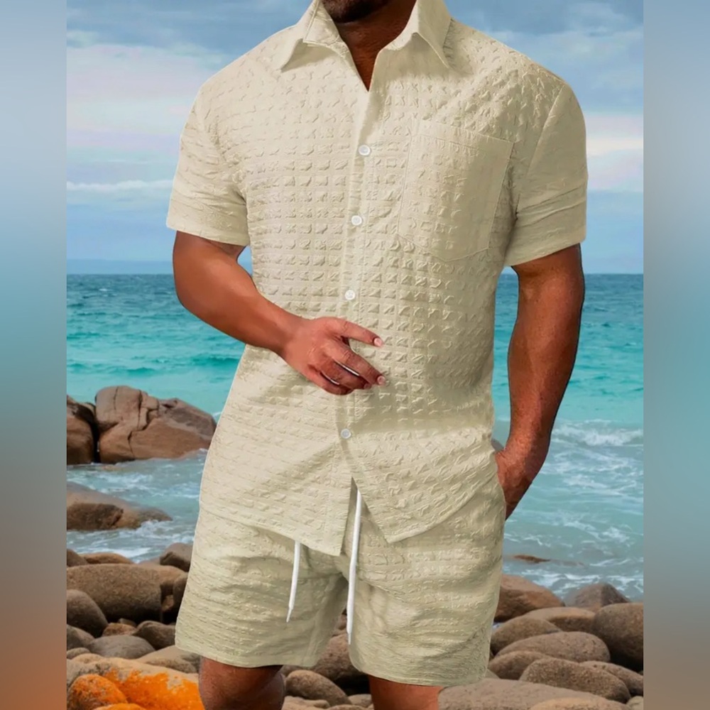 2-piece Casual Men's Outfit Set, Short Sleeve Button Down Shirt W/ Chest Pocket